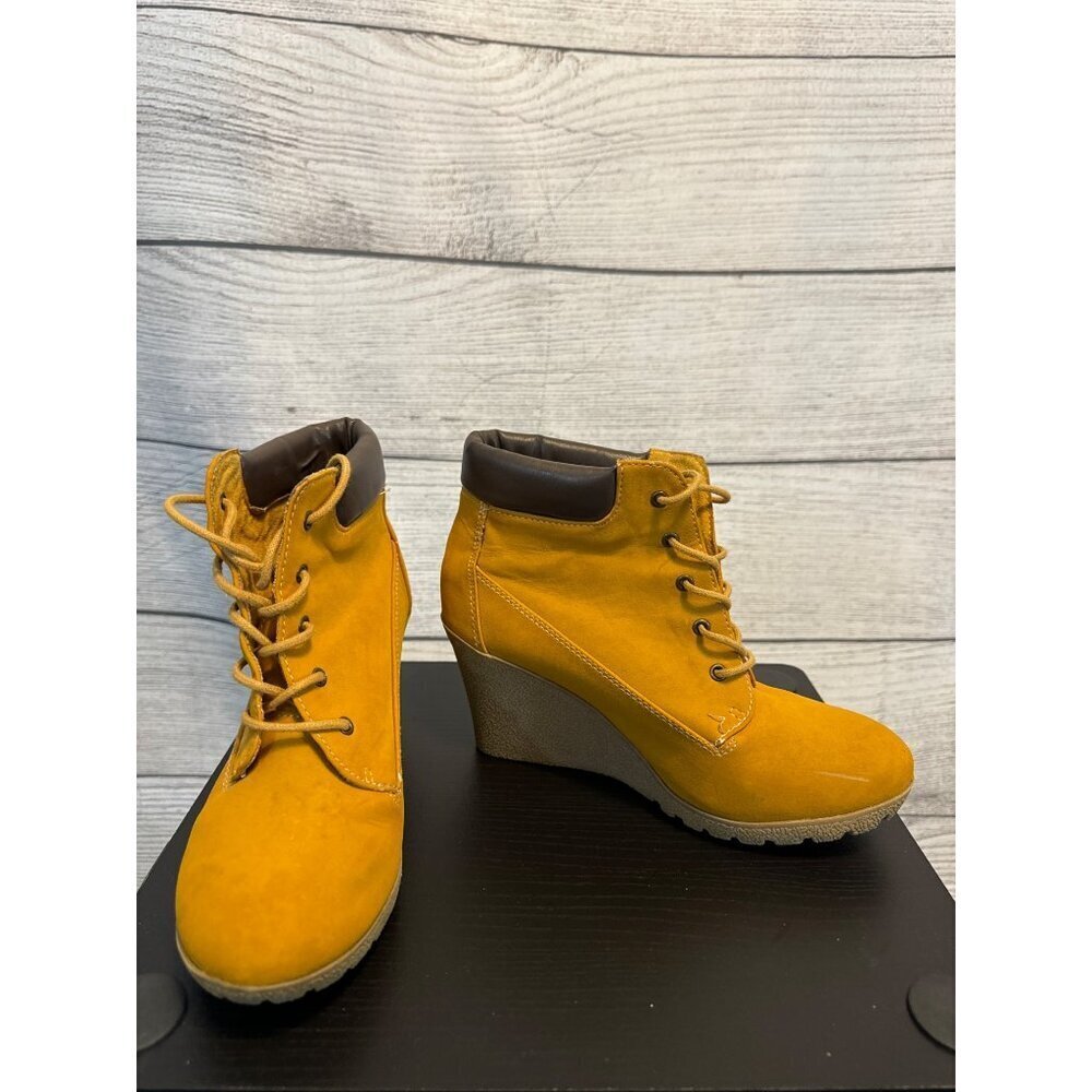 MIA Mustard Suede Lace-Up Wedge Ankle Boots